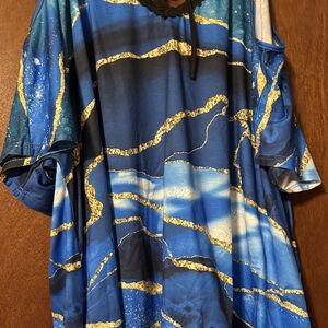 Shein Curve Blue and Gold Abstract Blouse